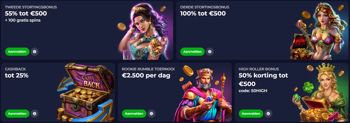 B7 Casino overzicht van bonussen en promoties: tweede en derde stortingsbonus tot €500, gratis spins, cashback tot 25%, Rookie Rumble-toernooi en High Roller Bonus