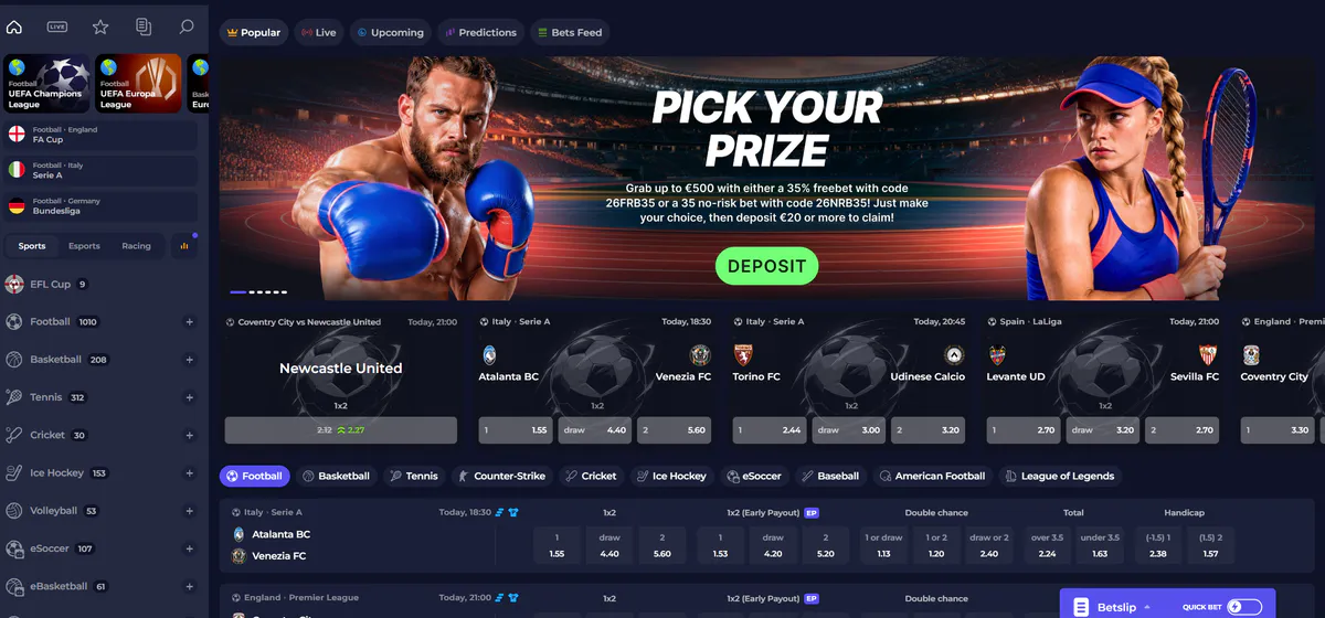 B7 Casino overzicht van sportweddenschappen met een welkomstactie, voetbalwedstrijden, live odds en verschillende sporten zoals tennis, basketbal en ijshockey